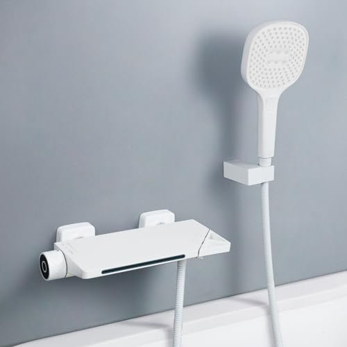 PHASAT Badewannenarmatur Wasserfall mit Handbrause Wasserhahn Badewanne Wandmontage Badarmatur Mischbatterie Messing Weiß PTBW10E