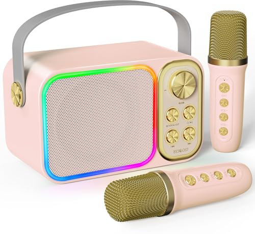 Machine de Karaoké avec 2 Micro sans Fil, BESCOST Haut-Parleur Bluetooth Portable, Dispose 7 Effets Sonores, pour Fête et Voyage, Mini LED Karaoké