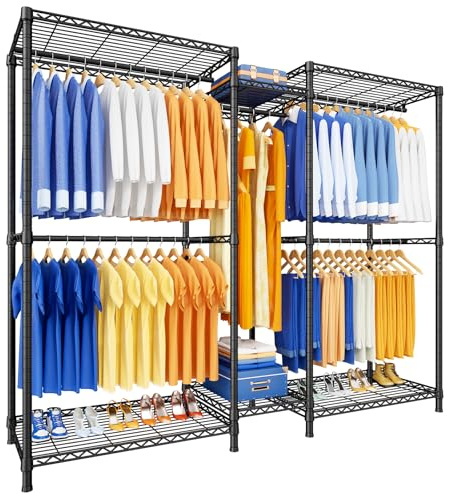Ulif E12 Pro Clothes Rack，Heavy Duty Freestanding Garment Rack with Shelves，Metal Clothing Closet Storage System for Hanging Clothes，71 W x 16 D x 76.5 H, Hold 960 lbs，Black