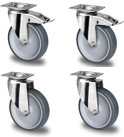 Satz Edelstahlrolle 100 mm Gummi grau spurlos Platte mit ohne Bremse V2A INOX Transportrolle Apparaterolle aus Edelstahl