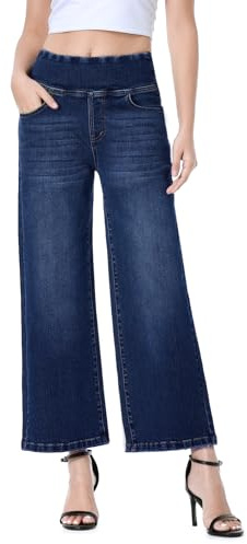 Chasehot Wide Leg Capri Jeans for Women, Pull on High Waisted Trendy Stretchy Straight Leg Baggy Cropped Tummy Control Denim Summer Petite Jeans Dark Indigo-L