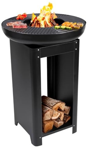 alpina 3-in-1 Feuerstelle und Grillplatte - Gartenkamin 61 x 90 cm - mit Teppanyaki-Grillplatte - Plancha Grill mit Brennholzaufbewahrung - Feuerstelle für den Außenbereich - Metall