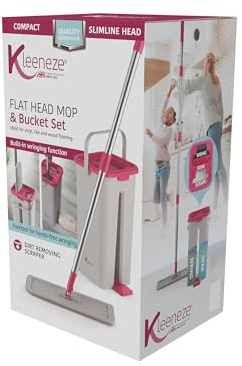 Kleeneze Flat Head Mop & Bucket Set – Built-In Wringing Function, Dirt-Removing Scraper, Compact Design, Slimline, Vinyl, Tile & Wood, 5l Capacity, Twin Compartment, Soaking/Wringing, Machine Washable