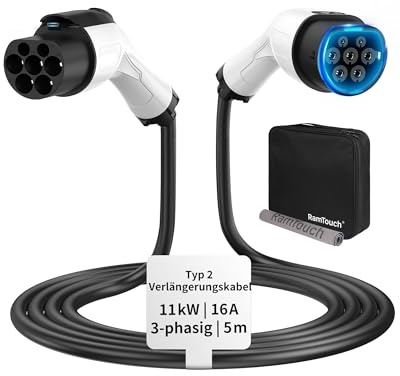 RamTouch Typ 2 Verlängerungskabel (16 A, 11 kW, 5 m, 3-phasig) - Wallbox-Verlängerungskabel für EV-Ladegeräte, Wallboxen & Ladestationen, Kompatibel mit Elektroautos (EV) & Plug-in-Hybriden (PHEV)