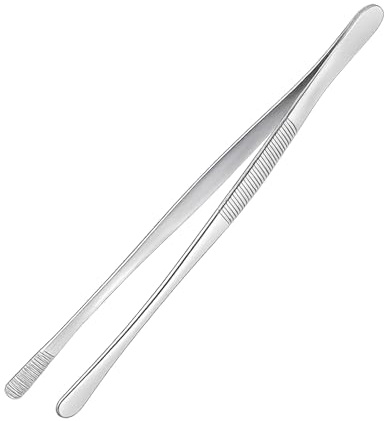 12-inch Stainless Steel Cooking Tongs & Tweezers, Non-Slip Grip & Serrated Tips for Grilling, Baking, Garnishing, BBQ, Kitchen & Craft Use (Round Tip)