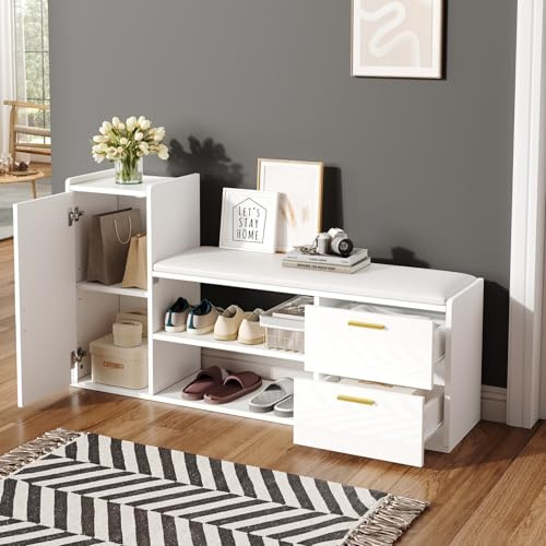EURHCIO Meuble à Chaussures Mince 30x128x68cm,Rangement Chaussure avec Banc Rembourré,2 Tiroirs,Armoire,Étagères Ouvertes à Deux Niveaux,pour Entrée Salon