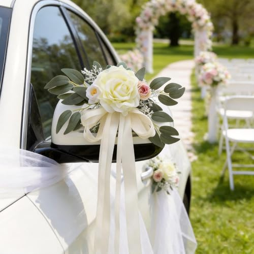 Hahorpa 2 Piezas Decoracion Coche Boda, Adornos Coche Boda de Flores Artificiales Decoracion con Cintas y Lazos, Decoraciones Vintage para Recién Casados para Coche y Silla