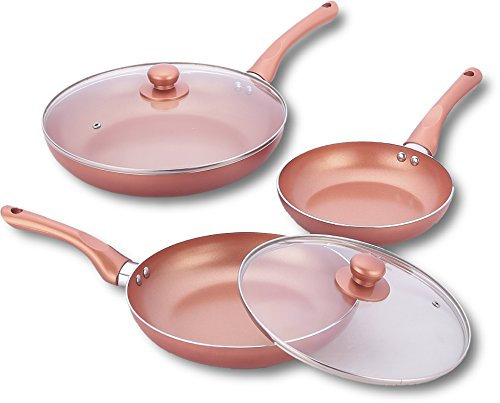 Juego de 3 sartenes de cobre muy resistentes.Juego de 5 unidades, con 2 tapas de cristal templado incluidas.
