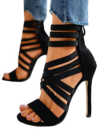 Onsoyours Sandali Donna Scarpe da Spiaggia Estate Moda Romano Partito Sandalo Cava Tinta Unita Sexy Tacco Spillo Alto Casuale con Zip Nero 43 EU