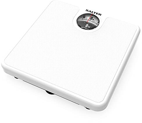Salter 489WHFXAZF0B Mechanical Bathroom Scale – Analogue Body Weighing Scale, Classic Fitness Scale, 133kg Capacity, Easy Read Display with Magnifying Lens, Non-Slip Mat, No Batteries Required, White