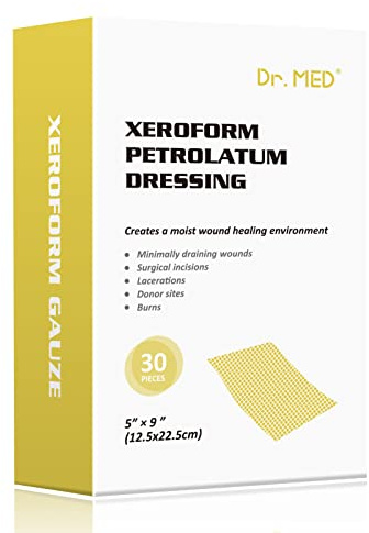 Dr.Med Xeroform Petrolatum Dressing Patch, 5x9-30 Pcs/Box, Non-Adherent Gauze Dressings, for Minor or Partial Thickness Burns, Lacerations, Skin Graft Recipient Sites, Newly Sutured Wounds