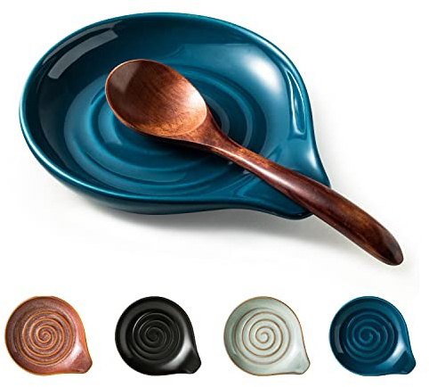Cormomu Spoon Holder, Ceramic Spoon Rest for Kitchen Counter Farmhouse Cooking, Large Utensil Rest for Spoons, Ladles, Tongs, Spatula, 5 Inches (Blue)