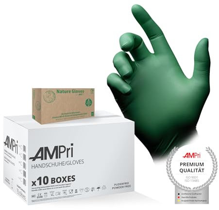 AMPri Biologisch abbaubare Nitrilhandschuhe, grün, 10 Box a 100 Stk, Größe M, puderfrei, Nature Gloves by Med-Comfort: Nitril Einmalhandschuhe, Einweghandschuhe in den Größen XS, S, M, L, XL