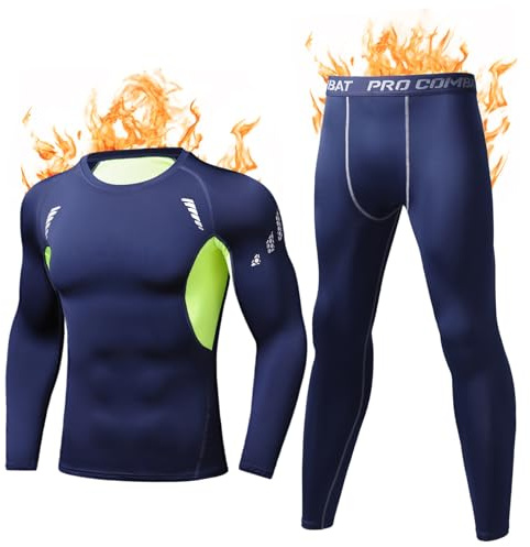 TereceyIntimo Termico Invernale Traspirante, Biancheria Termica Set Asciugatura Rapida, Completo Felpato, Compressione Uomo per Sci Corsa - Blu Reale