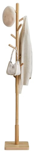 VASAGLE Solid Wood Coat Rack, Free Standing Hall Coat Tree with 8 Hooks, 3 Height Options, for Coats, Hats, Bags, Purses, for Entryway, Hallway, Rubberwood Hooks and Pole, Natural Beige URCR010N01