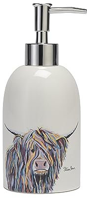 Croydex Ceramic Hand Soap Dispenser with Chrome Pump - Steven Brown Angus McCoo Artwork, 350ml Liquid Soap Dispenser, Highland Cow Gifts, Must Have Bathroom Accessory