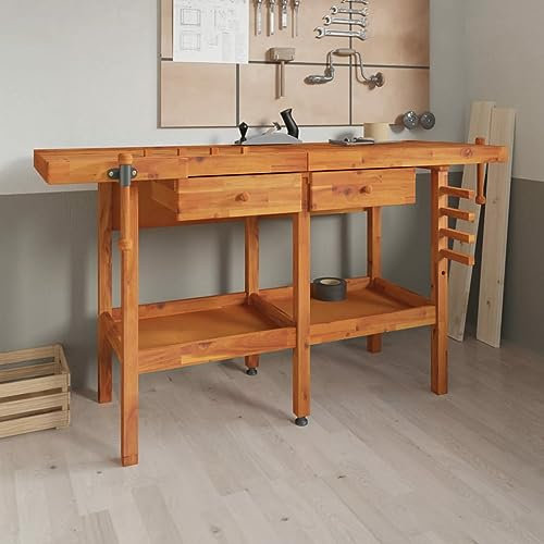 BaraSh Werkbank mit Schubladen Schraubstöcken 162x62x83 cm Akazienholz Arbeitstisch Werkstatt Werkbank Gestell