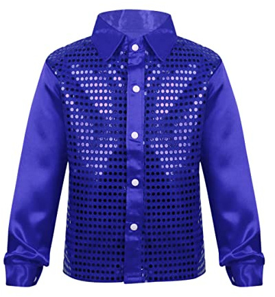 RUNQHUI Kids Boys Sequins Latin Dance Shirts Long Sleeve Buttons Jacket Ballroom Dancing Costumes Dancewear Blue 12-14 Years