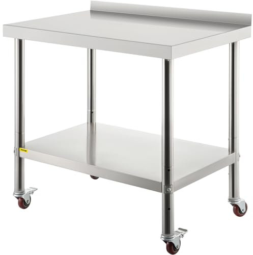 VEVOR Stainless Steel Prep Table, 30 x 24 x 35 Inch, 440lbs Load Capacity Heavy Duty Metal Worktable with Backsplash Adjustable Undershelf & 4 Casters, Commercial Workstation for Kitchen Restaurant