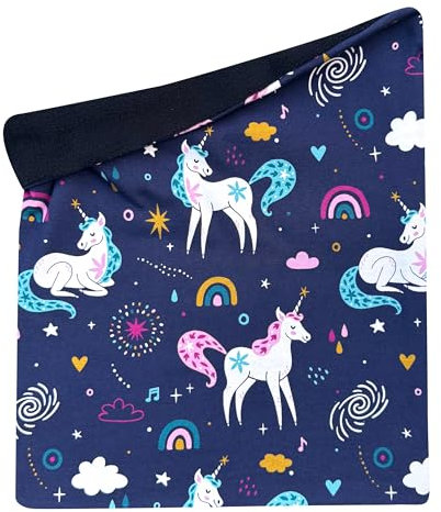 Wollhuhn Kinder Long Loop MAXI WINTER Halswärmer/Schlupf-Schal Extra Lang Jungen/Mädchen Viele Motive 20240201 (LL, Fleecefutter) (Einhörner Dunkelblau)