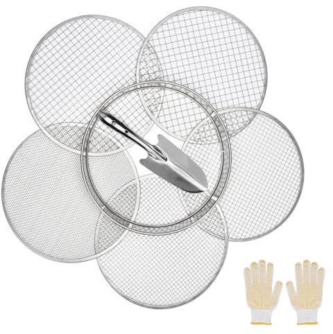Zoelele Setaccio Terreno per Giardinaggio, Setaccio Terreno in Acciaio Inox da 12 Pollici con 5 Schermi Fine Sostituibili, Guanti e Pala, Setaccio Sabbia, 3mm, 5mm, 8mm, 10mm, 12mm (Argento)