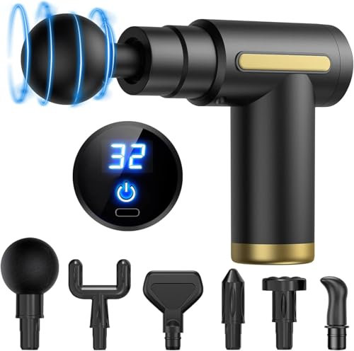 Mini Massage Gun, Muscle Gun,Massage Gun Deep Tissue Massager,LCD Touch Screen,32Speeds Cordless Handheld Muscle Massager with 6 Massage Heads 1800mAh Battery & Type-C Charging