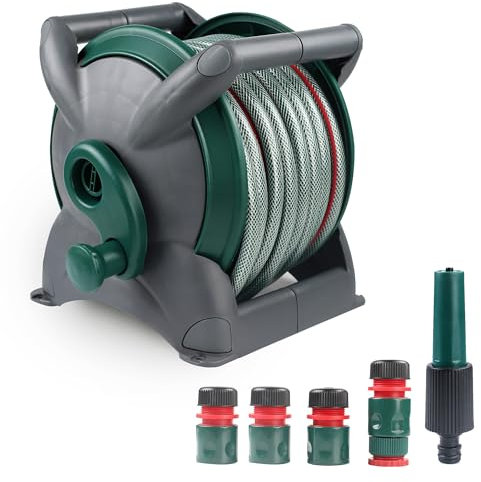 DEKTON Carrello avvolgitubo con Tubo da 20 m e Kit di ugelli, Soluzione di irrigazione Resistente, Design Portatile e Facile da Avvolgere, Ideale per Giardini, Prati e attività di Pulizia all'aperto