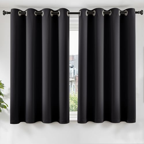 TOPICK Gardiner med ringar, ogenomskinliga, mörkläggningsgardiner, 145 x 140 cm, set med 2 dörrgardiner, korta gardiner, fönsterdekoration, övergardiner för vardagsrum, gardyner med ringar, svart