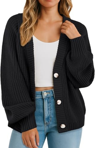 GRECERELLE - Maglioni da donna cardigan a maniche lunghe morbidi, maglioni da donna con collo a V, maglione oversize chunky con bottoni per donna, UK, autunno, inverno, primavera, Nero , S