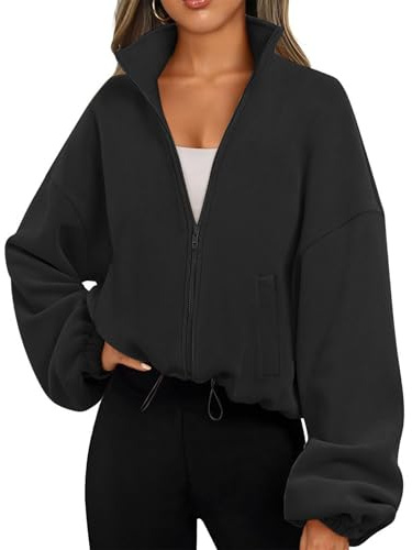 Famulily Workout Sweatshirt for Women Stand Collar Long Sleeve Cardigans Top Fall Winter Outfits Black L