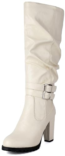 Lroey Reoly Donna Tacco Alto a Blocco Stivali Alti con Plateau Punta Rotonda Slouch Cx880 Bianco Numero 34 EU