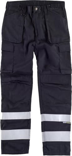 WORKTEAM Pantalón de Trabajo, Triple Costura con Cintas Reflectantes, Bolsillos Multifunción y Refuerzo para Rodilleras, Ajuste Lateral y Tejido Resistente 300 g/m². Unisex Negro 52