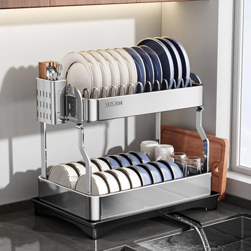 Mustorn escurreplatos, escurridor de Platos para Fregadero escurreplatos Acero Inoxidable Bandeja escurreplatos Dish Drying Rack Incluye una Cesta para Cubiertos y un Soporte para Tabla de Cortar