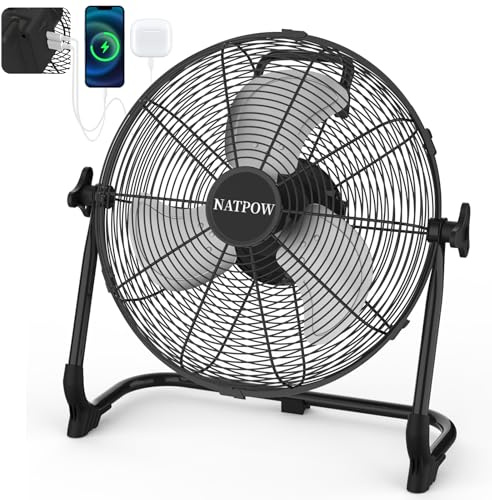 NATPOW Ventilador de Suelo Recargable, 30cm Ventilador Metálico, Potente y Silencioso, 13200 mAh, Hasta 27H, Équipé de ports USB et Type-C, Idéal pour Camping, Plage, Chantiers, Jardín, Interior