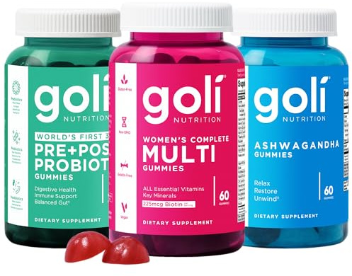 Goli Stress Less, Glow More, Digest Better Bundle - World's First 3-in-1 Pre, Post, Probiotic, Women's Complete Multi All 13 Essential Vitamins, Ashwagandha & Vitamin D Gummies, Vegan