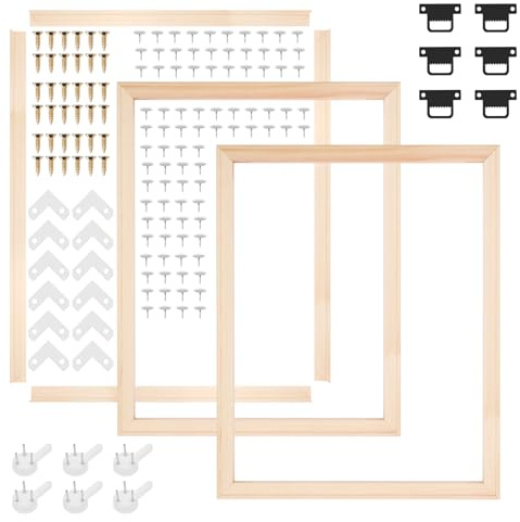 3 Pack Canvas Stretcher Bars, 16x20 Inch DIY Solid Wood Frame Kit for Oil Painting & Diamond Art, 40x50cm Pine Wood Stretching Bars with Full Hardware, Thumbtacks & Hooks Included