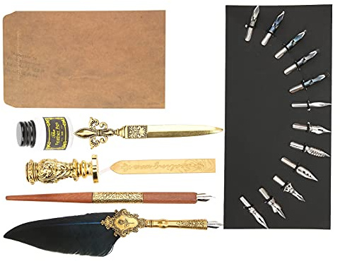 SUNGOOYUE Skrivpenna-set och Kalligrafipenna i Rostfritt Stål med Handtag i Massivt trä, Presentförpackning 9,4 X 5,3 X 1,8 Tum för Lärare, Författare, Samlare (SP248033R Marin)