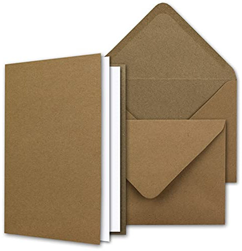 NEUSER PAPIER Vintage Kraftpapier-Karten Set mit Brief-Umschläge & Einlege-Blätter - 50 Sets - Blanko Recycling-Karten Natur-Braun - DIN A6 / C6