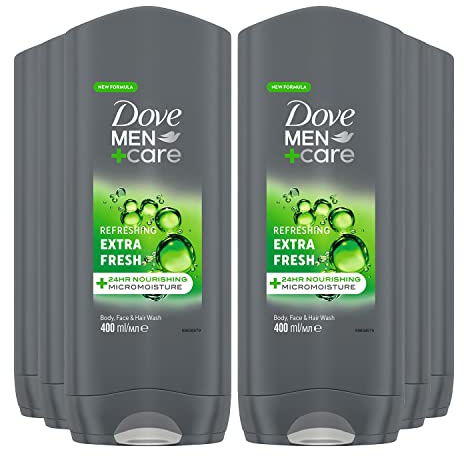 Dove Men+Care 3-in-1 Shower Gel Extra Fresh XXL Shower Gel for Body, Face and Hair with MicroMoisture 400 ml Pack of 6