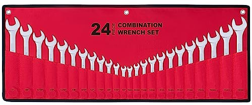24-Piece All-Purpose Master Combination Wrench Set with Roll-up Pouch | SAE 1/4” to 1”, Metric 8mm to 24mm | Perfect for General Household, Garage, Auto Repairs, Car, Truck, Boat, and Travel Emergency