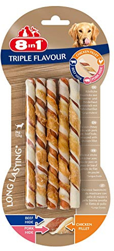 8in1 Triple Flavor Huesos para Masticar envueltos en Filete de Pollo, Palitos retorcidos