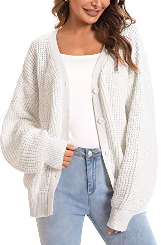 QUALFORT Cardigan Sweaters for Women 100% Cotton Button-Down Oversized Knit Outerwear Fall Tops for Women 2026 Off-White