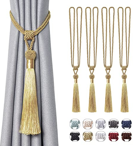 Pretty Jolly Long Tassel Curtain Tiebacks, European‑Style Braided Rope Knot | Stylish decorative holdbacks suit home & office window drapery, exquisite window accessory,4 Pack, Gold