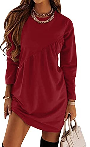 ORANDESIGNE Vestito Felpa Slim Donna Leggera Elegante Abito Maglietta Miniabito Invernale Vestiti Dritti Casual Tunica Sweatshirt Dress Rosso Scuro XL