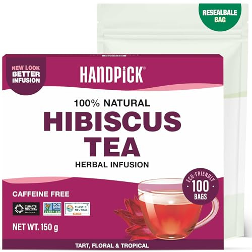 HANDPICK, Tisane d’Hibiscus - 100 Sachets Ronds Écoresponsables - Sans Caféine - Fleurs d’Hibiscus 100% Pures - Non-OGM - Scellé Sous Vide pour la Fraîcheur