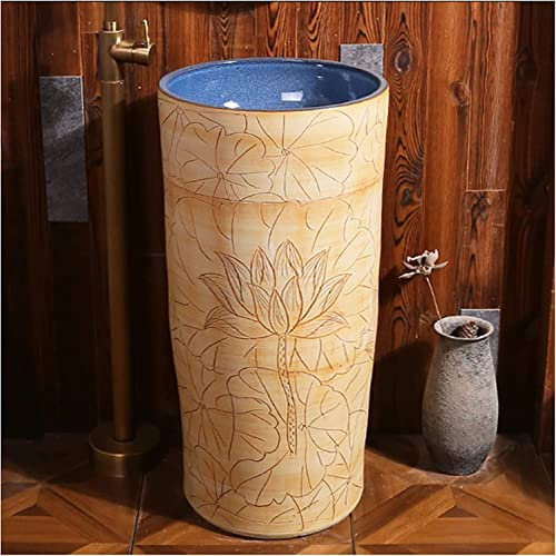 Vanity Unit with Basin,Bathroom Basin Sink with Full Pedestal, Pedestal Sink Handcrafted Ceramic wash Basin Pedestal washbasin Kaolin Clay Round Freestanding Sink with Drain & Fauc