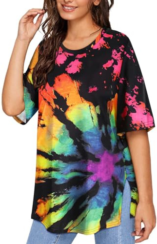 TIYOMI Women's Plus Size Oversized T-Shirts 3X Distressed Tie Dye Summer Short Sleeve Sun Tops Round Neck Shirts Workout Boyfriend Pullover Basic Casual T-Shirt Loose Fit Summer Tee 3XL 22W 24W