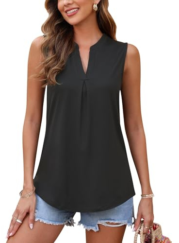 AUSELILY Womens Summer V Neck Sleeveless Pleated Tank Tops Black