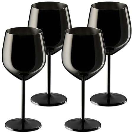 Relaxdays Calici da Vino Rosso e Bianco, Acciaio Inox, Set da 4 Bicchieri Infrangibili, 400ml, Flute per Spumante, Nero, 400 ml