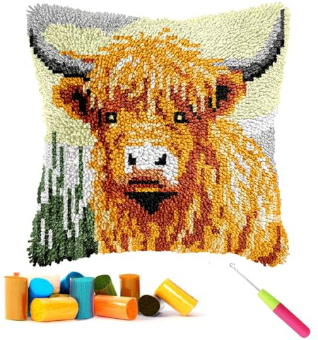 CCWORAN Highland Cow Latch Hook Kits for Adults Beginners Kids Animal Cushion Covers Craft Kits Making Crochet Pre Printed Canvas Wool Yarn Hobbies DIY Sofa Home Decor Women Gift 8